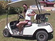 Victoria Sweet drives towards the golf course and stops to finger her tight pink pussy.